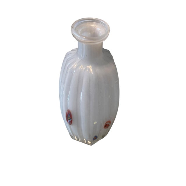 Mid Century Italian Murano Style White Ribbed Rigadin Glass Vase With Millefiori Murrine For Sale In Tampa - Image 6 of 9