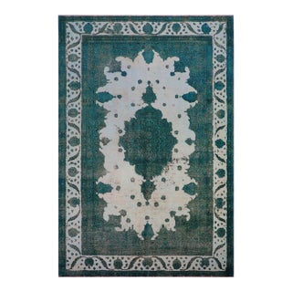 Vintage Retro No Pile Ivory/Teal Wool Rug - 7'10'' X 11'5'' For Sale