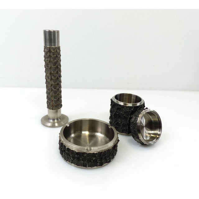 Brutalist Brutalist Metal Ashtray with Cigarette Box and Vase from BMF, Germany, 1970s, Set of 3 For Sale - Image 3 of 6