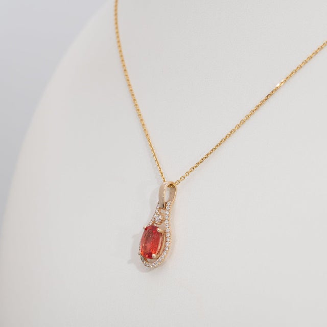 Natural Padparadscha Sapphire Pendant With Earth-Mined Diamonds: Solid 14k Gold For Sale In Columbus - Image 6 of 7