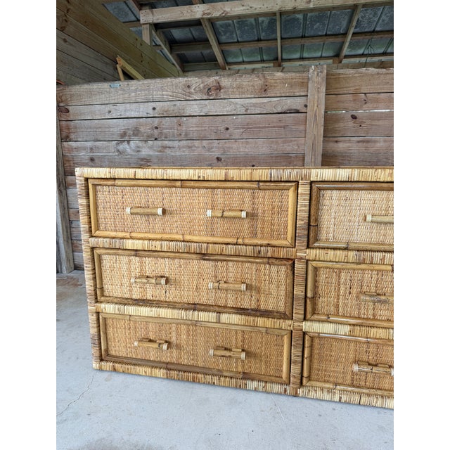 English Vintage Pencil Reed Rattan 6-Drawer Dresser With Cane Drawer Fronts For Sale - Image 3 of 12