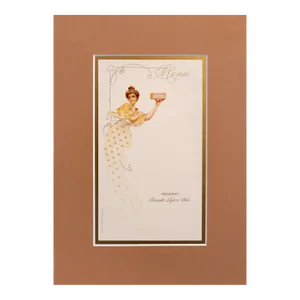 1900 Original French Advertising Menu (Woman in Yellow Dress Holding Pink Box) Matted