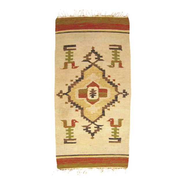 Vintage Mexican Zapotec Decorative Carpet, in Small Size w/ Stylized Bird Design For Sale