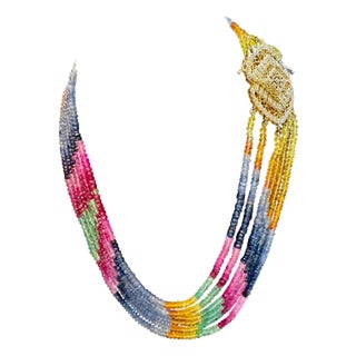 400 Ct , 6 Layer Natural Emerald Ruby & Sapphire Bead Necklace 18K Diamond Clasp For Sale