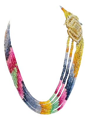 400 Ct , 6 Layer Natural Emerald Ruby & Sapphire Bead Necklace 18K Diamond Clasp
