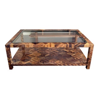 Modern Geometric Pattern Glass Top Brindley Coffee Table With Decor Shelf and Banana Bark Inlay by Made Goods For Sale