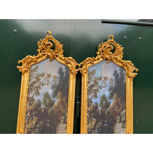 French Pair Vintage French 20th C Louis XVI Gold Beech Frames W/ Fabric Artwork For Sale - Image 3 of 18