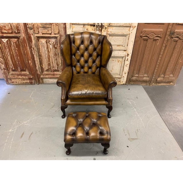 Vintage Mid-Century English Leather Chesterfield Wingback Chair and ...
