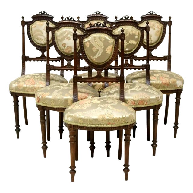 1800s Antique French Louis XVI Style Carved Floral Side Chairs- Set of 6 For Sale