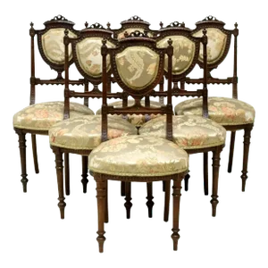 1800s Antique French Louis XVI Style Carved Floral Side Chairs- Set of 6