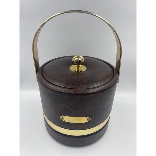 Mid-Century Modern Vintage Georges Briard Coffee-Colored Faux Leather & Golden Accented Ice Bucket For Sale - Image 3 of 12