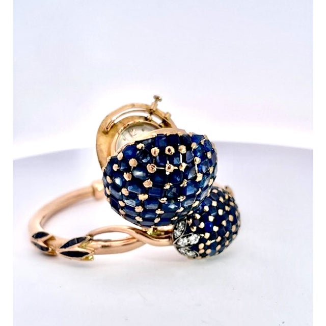 1960s Rose Gold Bypass Watch With 22ct Sapphire and Diamond Clusters, Uk For Sale - Image 9 of 11