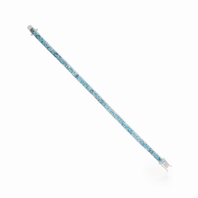 Metal Natural 22.35 Carat Blue Topaz Sterling Silver Tennis Bracelet- Anniversary Present For Sale - Image 7 of 11