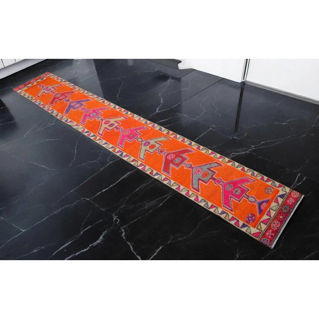 Hand-Knotted Turkish Runner Rug. Bright Orange Narrow Hallway Decor Kitchen Rug - 2' X 12'4" For Sale - Image 4 of 16