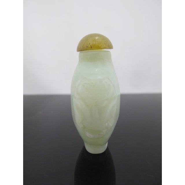 Gemstone Chinese Green Jade Carved Mock Mask Ring Handle Snuff Bottle For Sale - Image 7 of 10