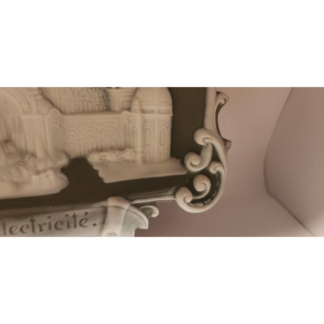 Light Green Antique Schafer and Vater Green Jasperware Palais d'Electricite Commemorative Bisque Porcelain Dish For Sale - Image 8 of 14