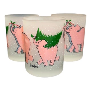 Vintage Georges Briard for Neiman-Marcus Frosted Pink Elephant Christmas Tree Holiday Lowball Cocktail Barware Glasses Set of 3 For Sale