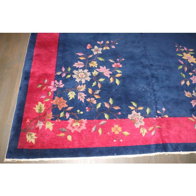 Navy Blue Antique Zabihi Collection Bright Navy Pink Chinese Art Deco Carpet - 8'10" x 11'7" For Sale - Image 8 of 9