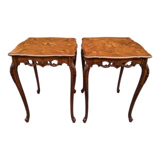 1940s Italian Marquetry Inlaid Side Tables With Carved Aprons & Cabriolet Legs - a Pair For Sale