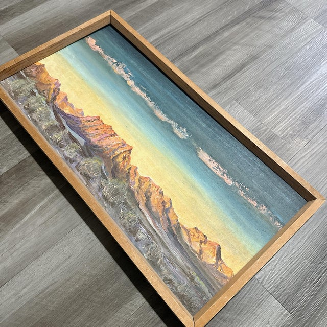 Sky Blue Vintage Original Oil Painting by Charles P. Finance, Mountain Landscape, Framed Mid Century Art, 25” X 13”, Signed, Southwestern Decor For Sale - Image 8 of 9