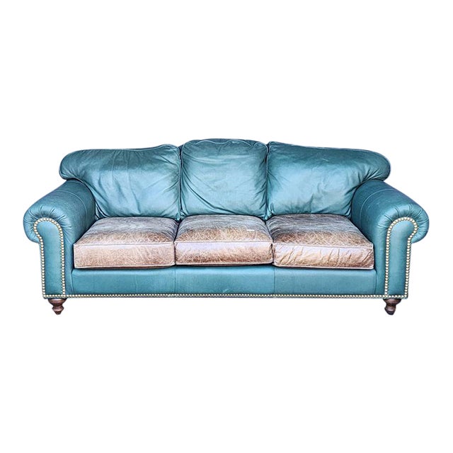 Drexel Blue and Brown Two Tone Leather Sofa With Nailheads Pella Soft Leather For Sale