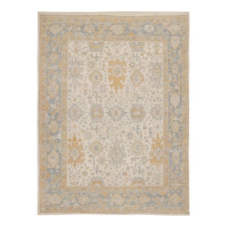 Rug & Kilim’s Oushak Rug in Beige, Gold and Blue Floral Patterns For Sale