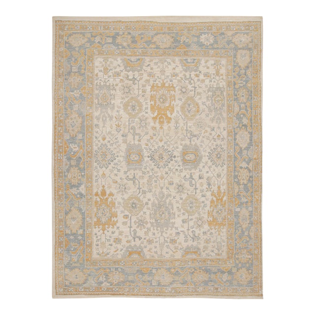 Rug & Kilim’s Oushak Rug in Beige, Gold and Blue Floral Patterns For Sale