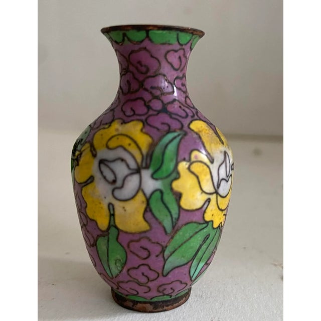 Antique 19th century Chinese miniature cloisonné vase. The beautiful color is an orchid pink /purple color with yellow...