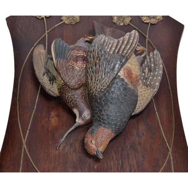 Two Antique Black Forest Terracotta Pheasant Birds Wall Plaque Fine Art Oak Wood For Sale In Miami - Image 6 of 13