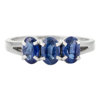 Three Stone Blue Sapphire Promise Ring in Silver- Size 6 For Sale