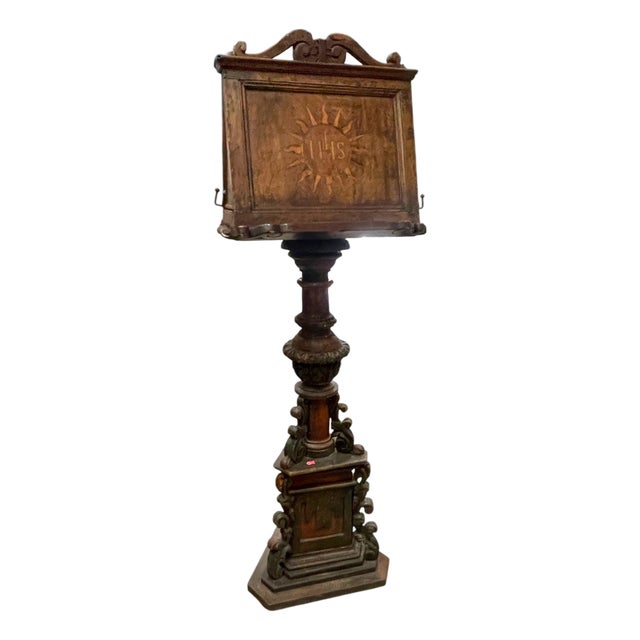 Antique European Carved & Polychrome Wood Ecclesiastical Lectern With Ihs Christogram For Sale