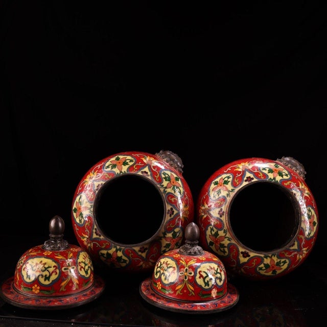 Pair of Gilt Bronze Cloisonné Enamel Dragon Motif Temple Jars For Sale - Image 4 of 9
