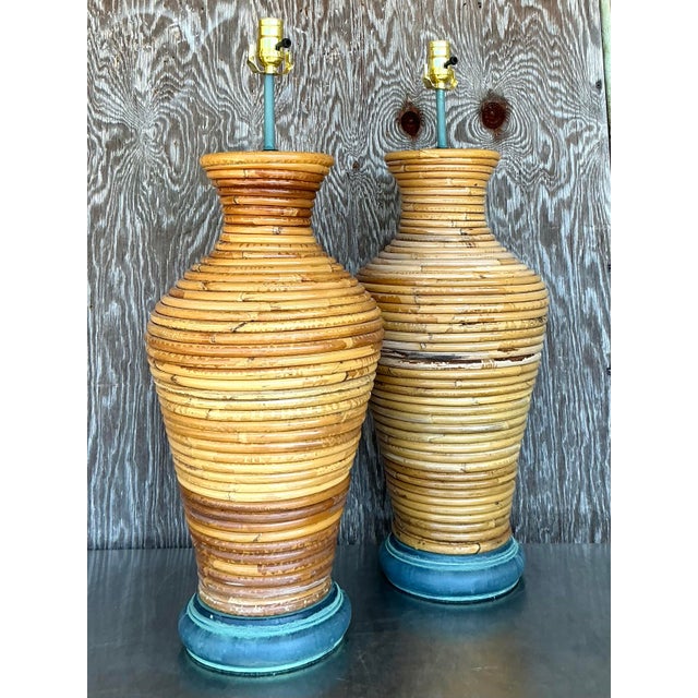 Vintage Costal Coiled Pencil Reed Lamps - A Pair For Sale - Image 9 of 11