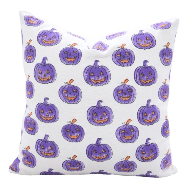 Fabdivine Halloween Pumpkin Block Print Pillow Cover Handmade Cotton Throw Cushion for Festive Home Décor Size-16x16 For Sale