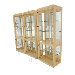 3 Blond Wood Glass Door Curio Cases Display Vitrine Cabinet Glass Shelves MINT! For Sale
