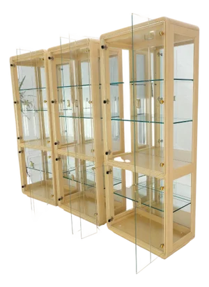 3 Blond Wood Glass Door Curio Cases Display Vitrine Cabinet Glass Shelves MINT!