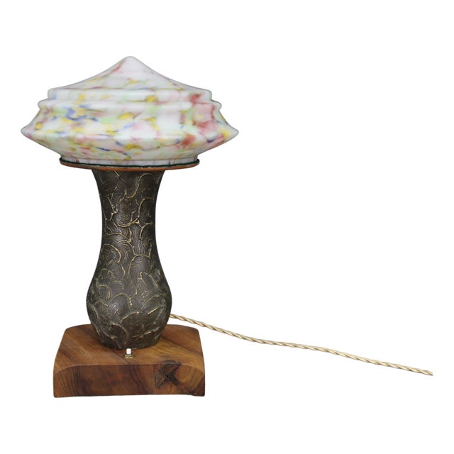 Brass Table Lamp with Wooden Base and Glass Shade, 1940s For Sale
