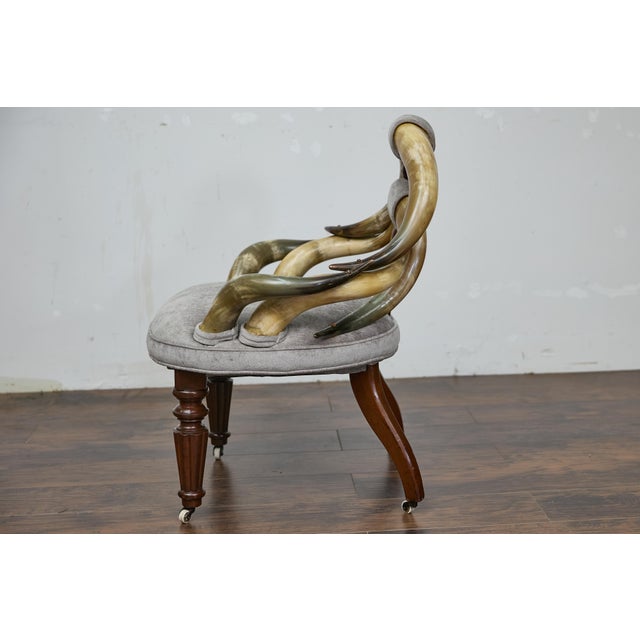 Brown English Mahogany and Horn Victorian Chair with Velvet Upholstery circa 1880 For Sale - Image 8 of 12