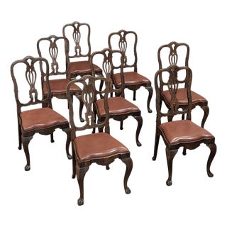 Set of Eight Antique Oak Chippendale Dining Chairs With Leather For Sale