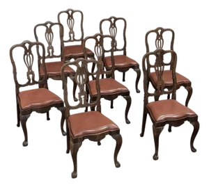 Set of Eight Antique Oak Chippendale Dining Chairs With Leather