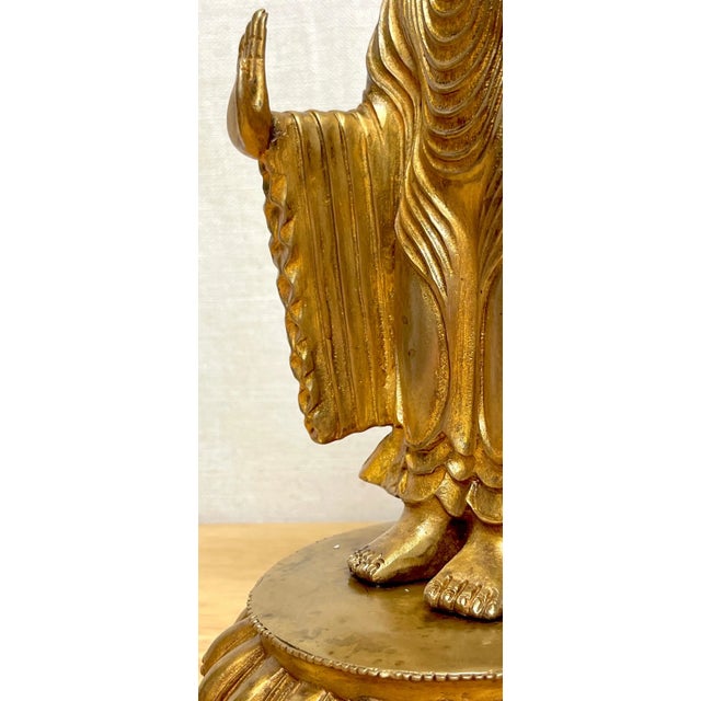 Tibetan Bronze Standing Gilt Bronze Buddha Offering Protection For Sale - Image 9 of 13