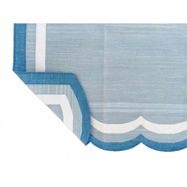 Casa Cosima Handmade Cotton Area Scalloped Rug Vegetable Dyed Gray, Cream and Teal Blue Border Rug-8'x10' For Sale - Image 4 of 11