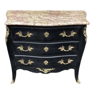 Elegant French Black Commode W/ Marble Top & Bronze Dore Ormalu For Sale
