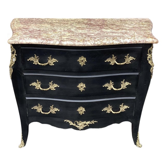 Elegant French Black Commode W/ Marble Top & Bronze Dore Ormalu For Sale