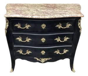 Elegant French Black Commode W/ Marble Top & Bronze Dore Ormalu
