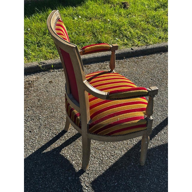 Louis XVI Cabriolet Armchair in Patinated Wood and Striped Velvet For Sale - Image 5 of 15