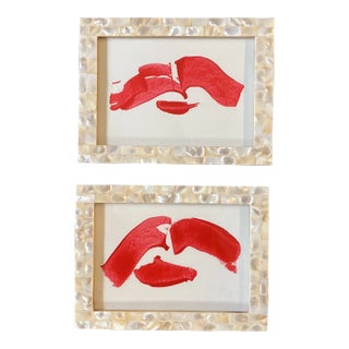 Contemporary-2 Original Small “Flying Red Lips “ Paintings-Mother of Pearl Tabletop Frames For Sale
