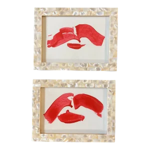 Contemporary-2 Original Small “Flying Red Lips “ Paintings-Mother of Pearl Tabletop Frames
