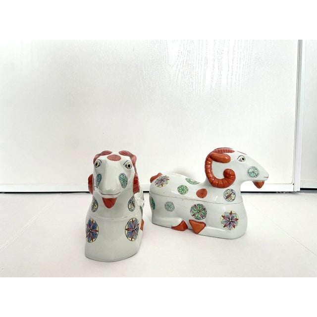 1930s Early Mid-Century Porcelain Staffordshire Style Asian Ram Box Figurines - a Pair For Sale - Image 13 of 13