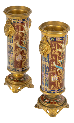 Napoleon III Gilt Bronze and Cloisonné Enamel Candlesticks, Set of 2